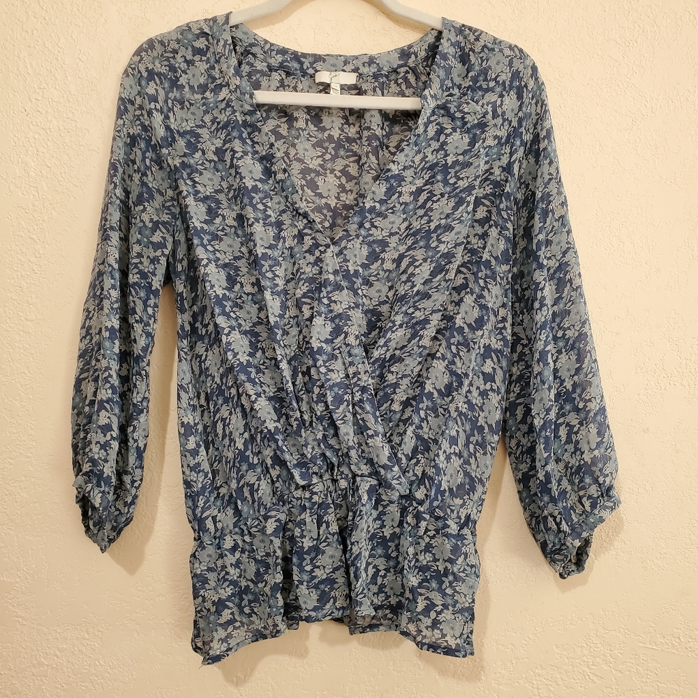 Joie Louvre Blue Floral 100% Silk Faux Wrap Blouse